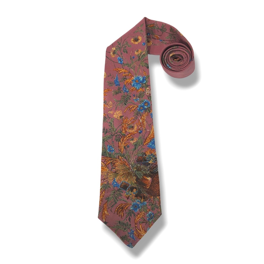 Pattinni Uomo Vintage Silk Necktie Botanical Floral Mauve Made USA Classic OS